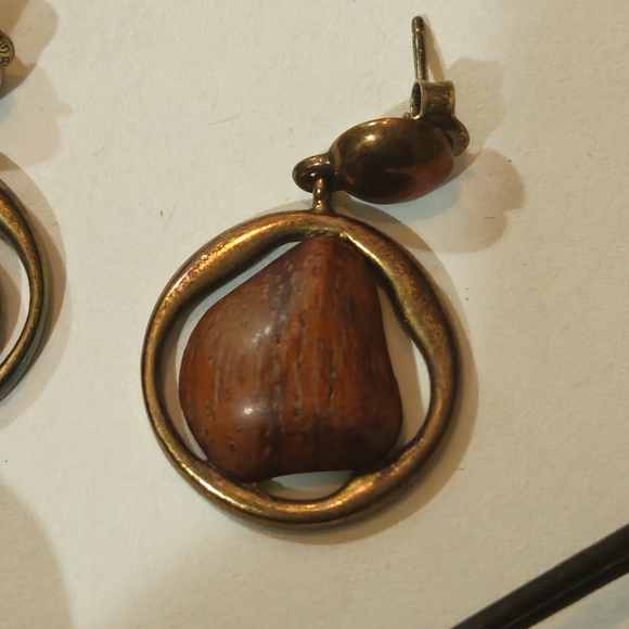 Vintage Tropical Wood Gold Bracelet Earrings Set Brown Black Bohemian Retro 70s - Picture 3 of 10